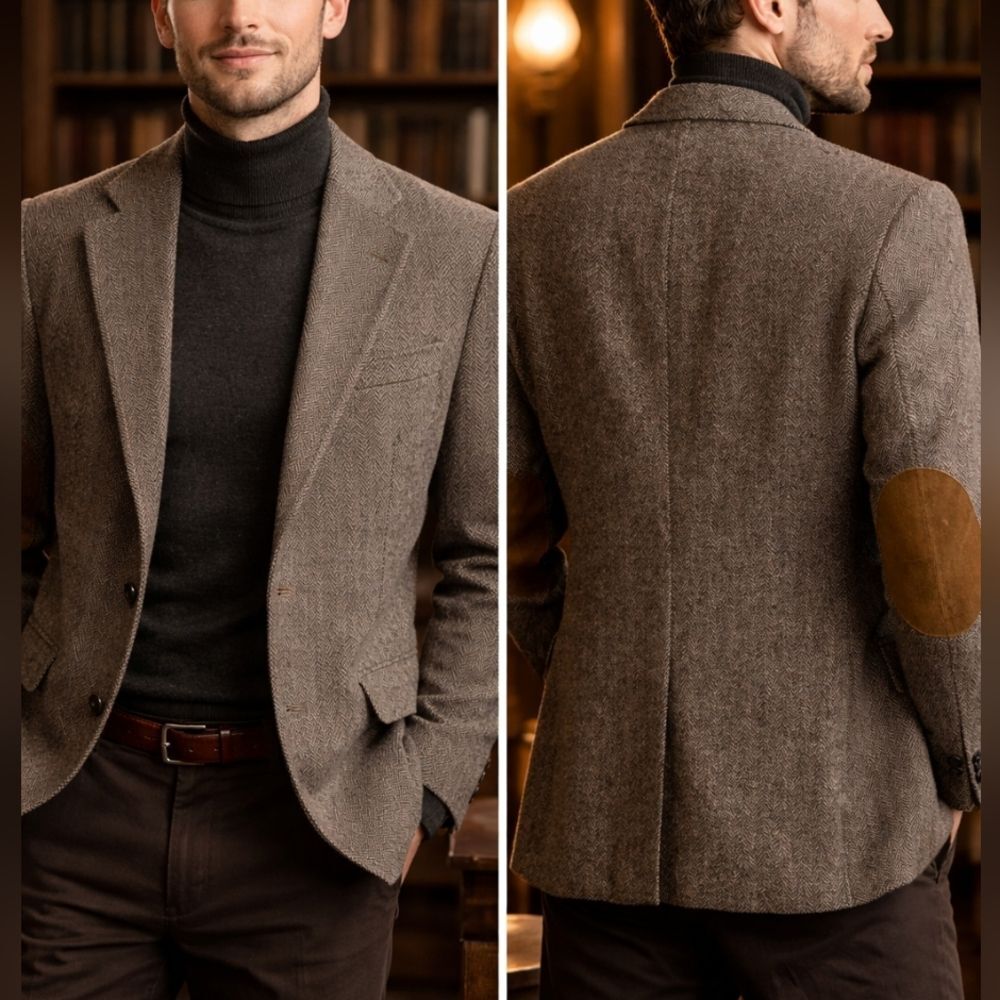 Vintage Neil Martin Gray Wool Herringbone Blazer 44R Dark Academia Aesthetic Men